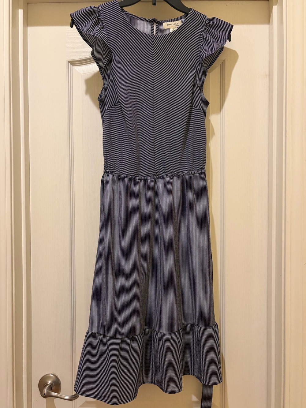 Monteau Blue Stripe Ruffle Sleeve Midi Dress